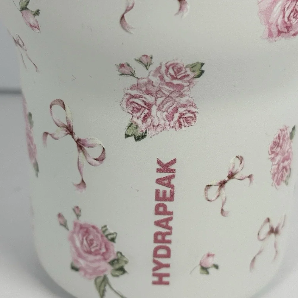 Hydrapeak Tumbler Pink Roses Bow Floral Cup Handle Straw Lid 28oz